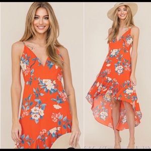🎉HOST PICK🎉 Floral asymmetrical dress in gorgeous tangerine color